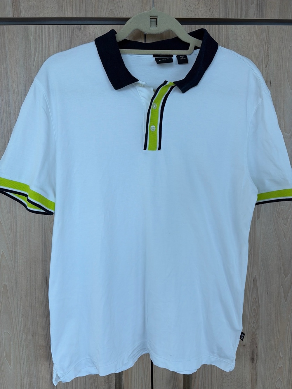 BOSS Hugo Boss Men’s Polo Shirt L Slim Fit White Cotton Logo navy neon placket